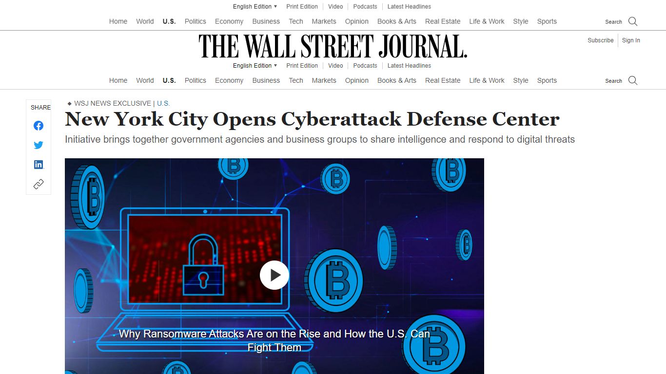 New York City Opens Cyberattack Defense Center - WSJ